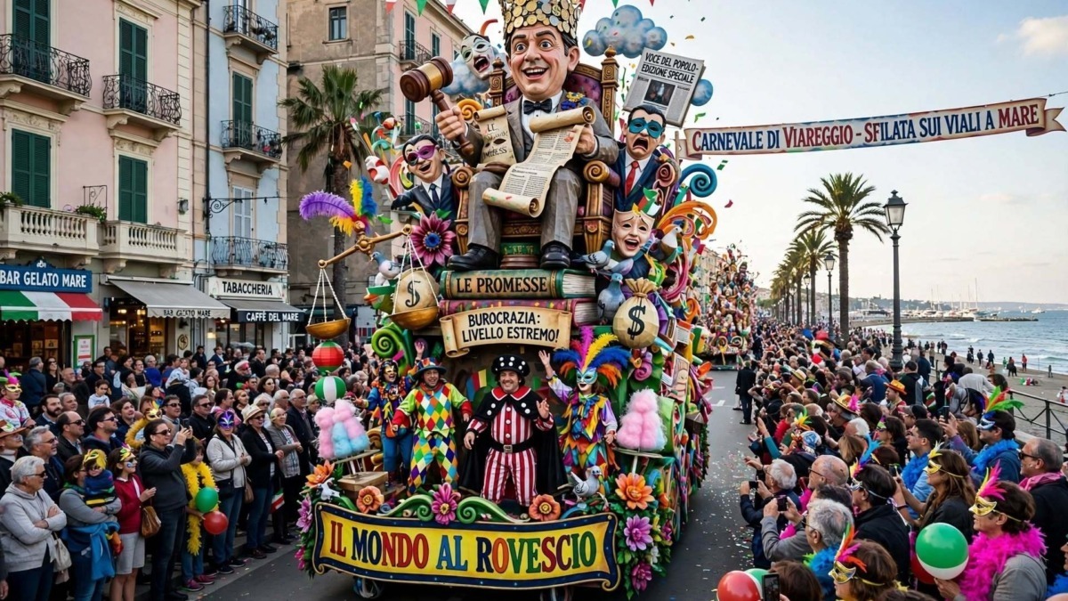 Carro allegorico satirico del Carnevale di Viareggio in sfilata sul lungomare tra la folla.