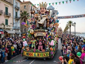 Carro allegorico satirico del Carnevale di Viareggio in sfilata sul lungomare tra la folla.