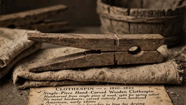 Molletta antica in legno scuro intagliata a mano da un singolo pezzo, appoggiata su tela di iuta con cartellino museale Clothespin 1810-1825, atmosfera seppia