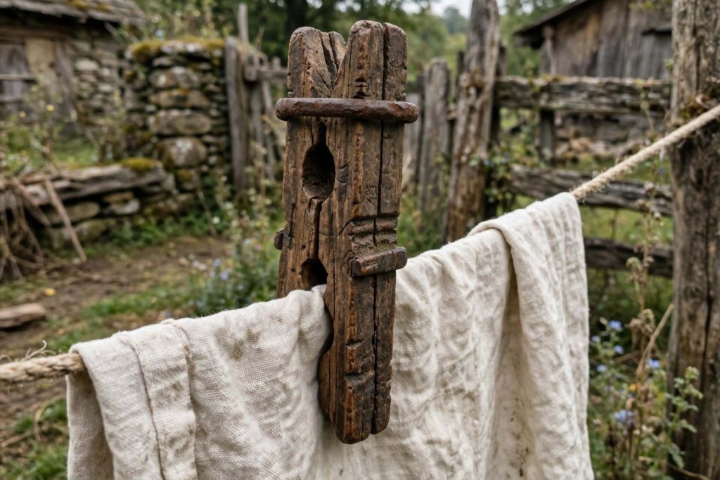 Chi ha inventato la molletta da bucato? 2 Chi ha inventato la molletta da bucato? Molletta primitiva in legno scuro consumato con anello di ferro arrugginito che stringe panno bianco su corda di canapa