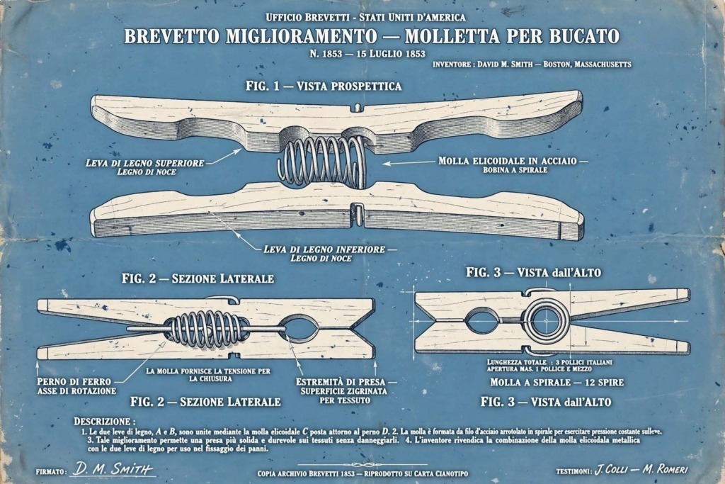 Chi ha inventato la molletta da bucato? 4 Blueprint cianotipo del brevetto molletta per bucato 15 luglio 1853 con tre figure tecniche in italiano: leva superiore, molla elicoidale in acciaio, perno di ferro