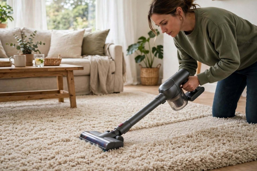 Pulizia di un tappeto shaggy beige con aspirapolvere