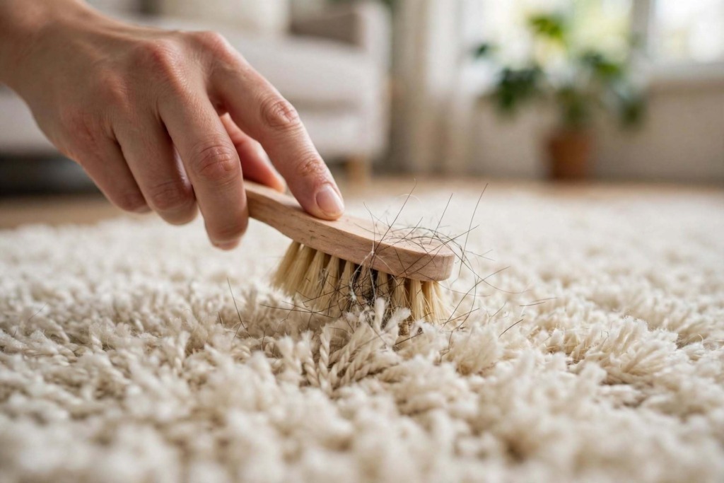 Dettaglio rimozione peli da tappeto shaggy crema con spazzola