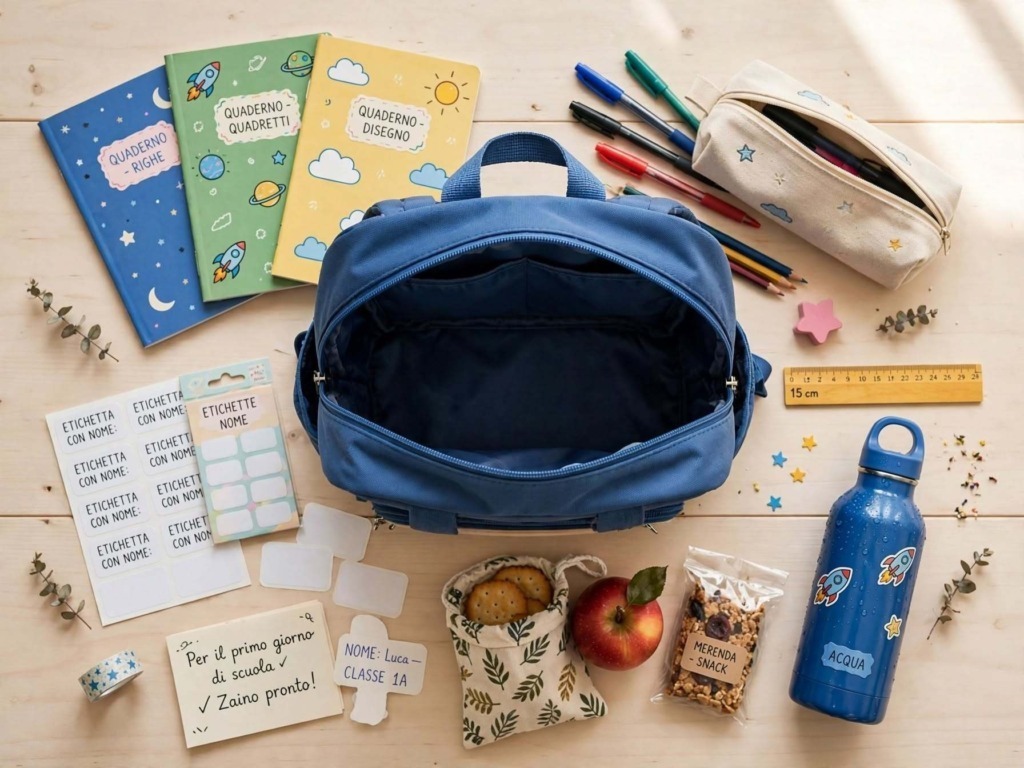 Cosa mettere nello zaino: flat lay zaino blu aperto con quaderni righe e quadretti, astuccio, borraccia, merenda e etichette con nome