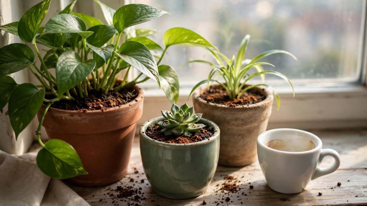 Fondi di caffè utilizzati nel terreno intorno alle piante