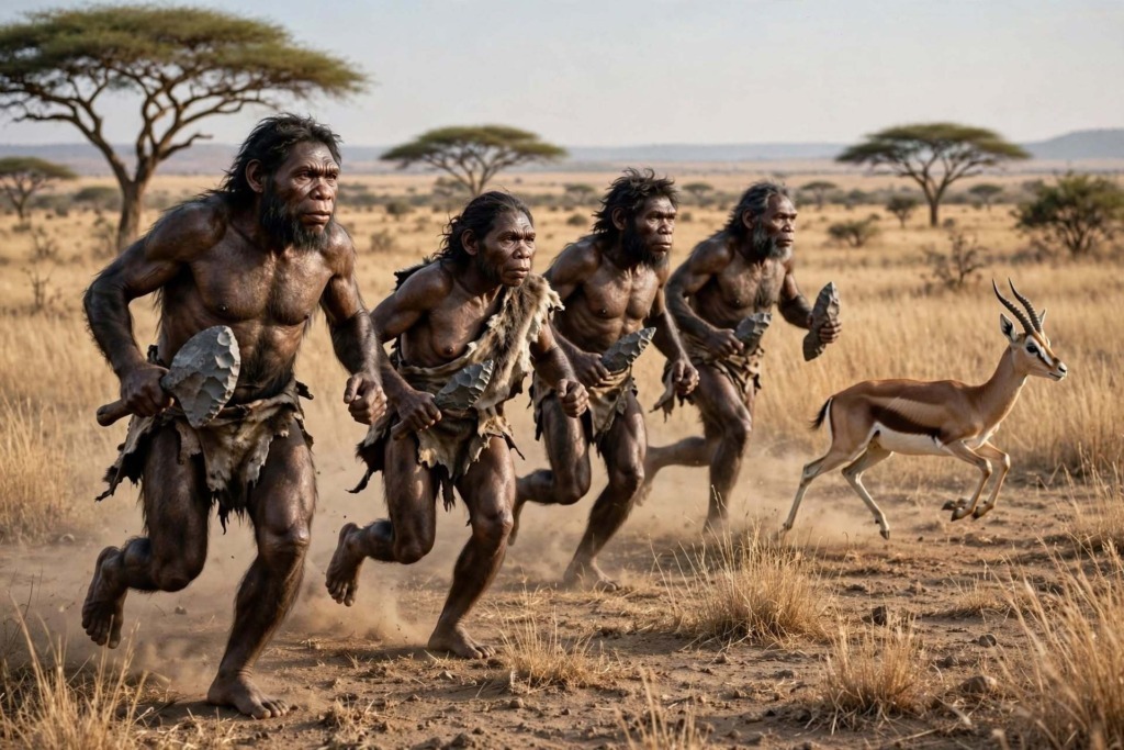 Uomini preistorici durante la caccia a un animale