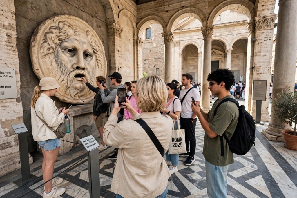 La Bocca della Verità: leggenda. Foto a Roma nel portico di Santa Maria in Cosmedin