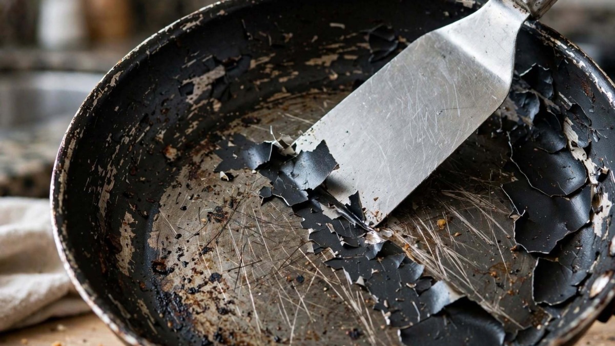 Primo piano di padella antiaderente rovinata con rivestimento scrostato e spatola in metallo che graffia il fondo