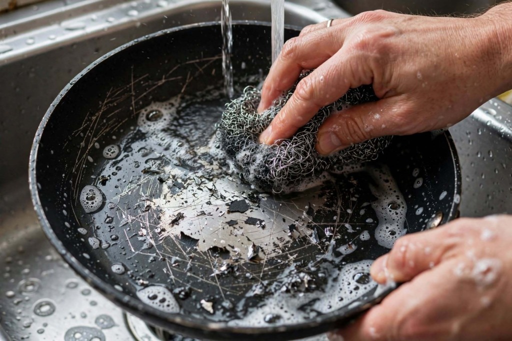 Mani che lavano padella antiaderente nel lavandino con spugnetta abrasiva in acciaio che rovina il rivestimento