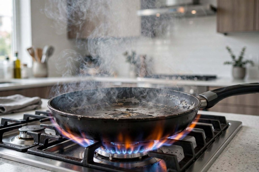 Pentole antiaderenti rovinate: Padella antiaderente vuota che fuma sul fornello a gas