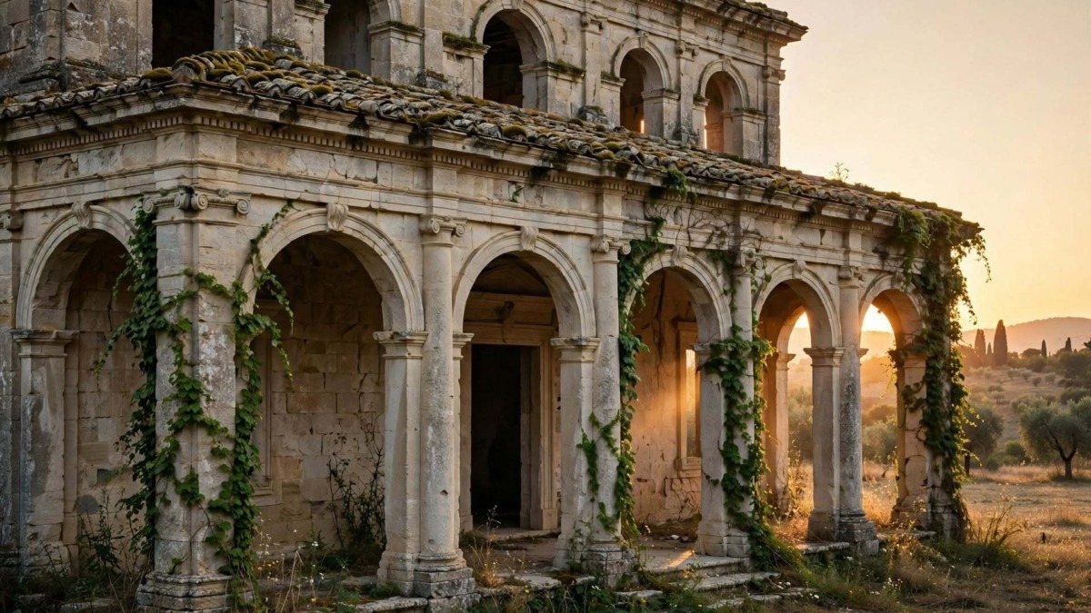 Antica villa in pietra calcarea abbandonata con porticato ad archi e colonne, tetto in coppi con muschio ed edera rampicante al tramonto