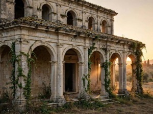 Antica villa in pietra calcarea abbandonata con porticato ad archi e colonne, tetto in coppi con muschio ed edera rampicante al tramonto