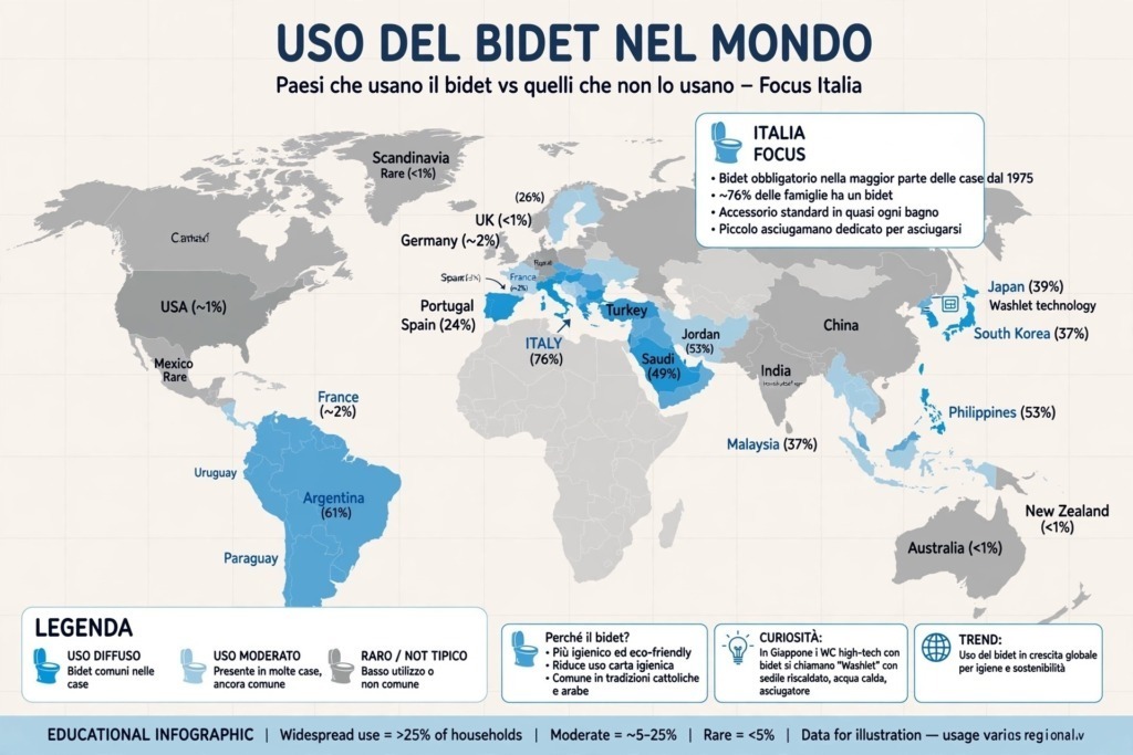 Mappa del mondo sull'uso del bidet