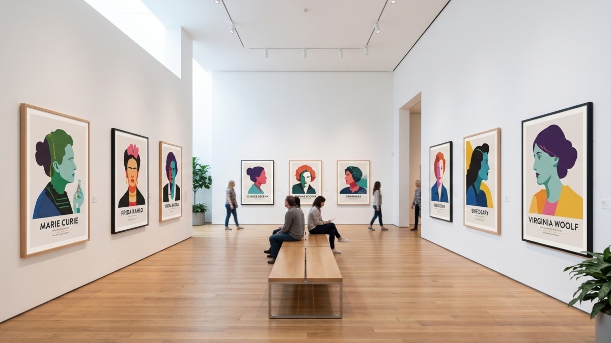 Galleria moderna e luminosa con mostra di ritratti dedicata alle donne nella storia della cultura