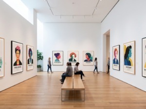 Galleria moderna e luminosa con mostra di ritratti dedicata alle donne nella storia della cultura