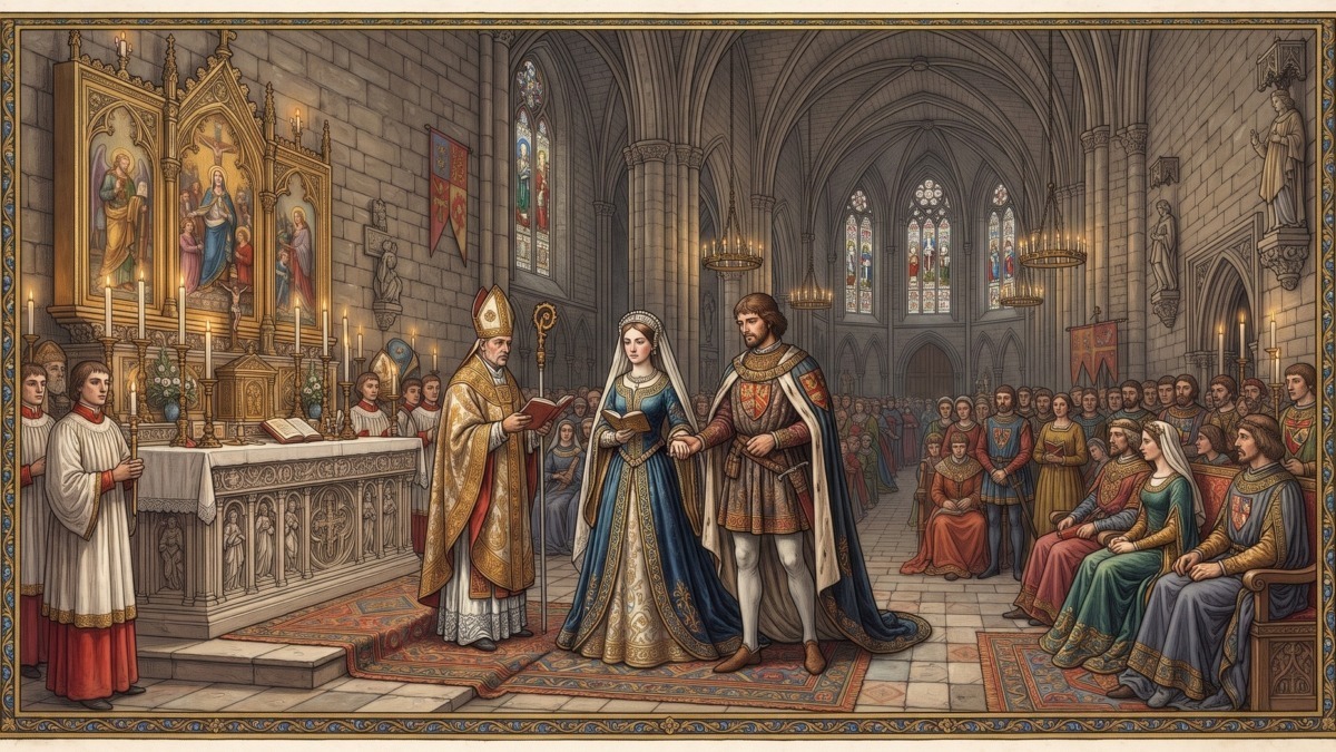 età legale delle spose medievali: Rappresentazione in stile miniato medievale di una fastidiosa cerimonia nuziale all'interno di una grande cattedrale gotica, con una giovane sposa nobile e un ecclesiastico in abiti liturgici circondati da cortigiani.