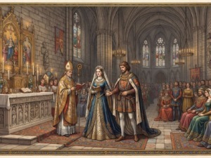 età legale delle spose medievali: Rappresentazione in stile miniato medievale di una fastidiosa cerimonia nuziale all'interno di una grande cattedrale gotica, con una giovane sposa nobile e un ecclesiastico in abiti liturgici circondati da cortigiani.