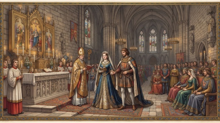 età legale delle spose medievali: Rappresentazione in stile miniato medievale di una fastidiosa cerimonia nuziale all'interno di una grande cattedrale gotica, con una giovane sposa nobile e un ecclesiastico in abiti liturgici circondati da cortigiani.