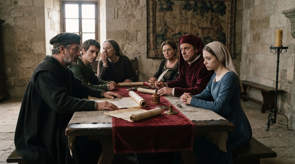A che età potevano sposarsi le ragazze nel Medioevo? miti e realtà storiche 3 Ricostruzione storica in stile documentaristico di una riunione tra due famiglie benestanti nell'Italia medievale del XV secolo, intente a discutere un accordo matrimoniale attorno a un tavolo di legno con pergamene e calamaio, illuminate dalla luce naturale di una finestra.