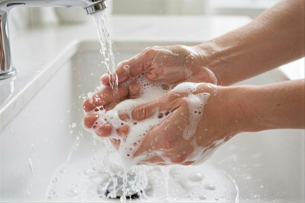Mani insaponate sotto l’acqua corrente del lavandino