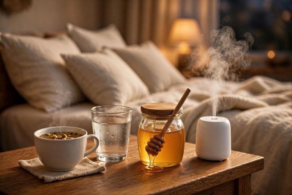 Comodino con tisana, acqua e umidificatore accanto al letto