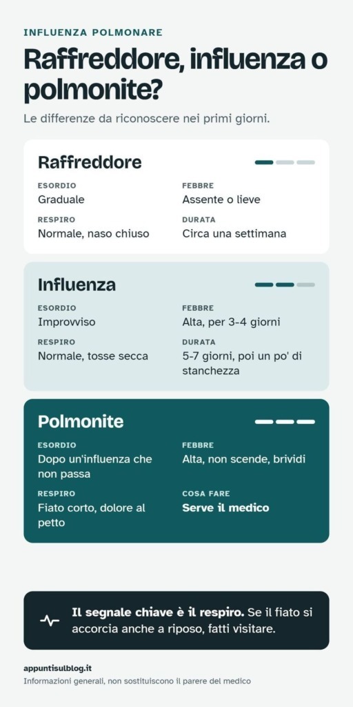 Infografica con le differenze tra raffreddore, influenza e polmonite: esordio, febbre, respiro e durata