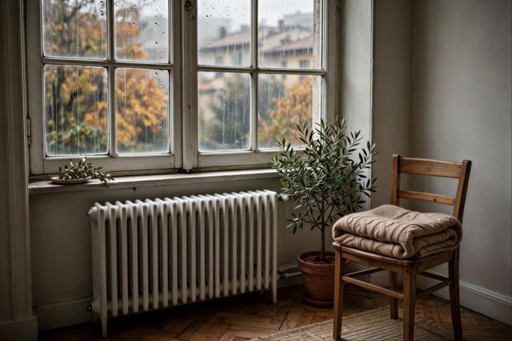 Finestra con pioggia autunnale e termosifone acceso in casa