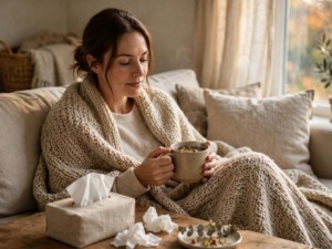 Donna sul divano con coperta e tazza di tisana durante l’influenza