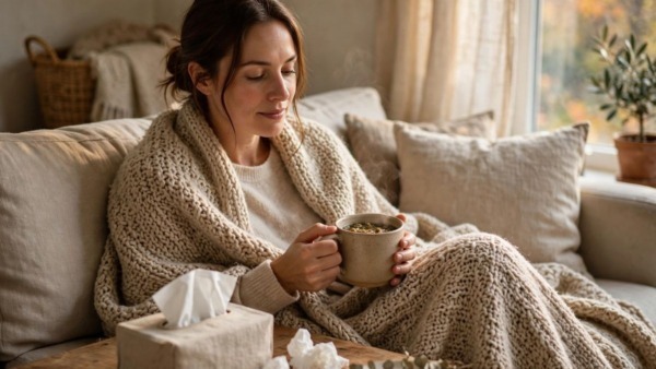 Influenza polmonare: sintomi per riconoscerla, cause, cure e prevenzione 4 Donna sul divano con coperta e tazza di tisana durante l’influenza