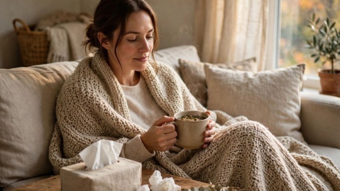 Donna sul divano con coperta e tazza di tisana durante l’influenza