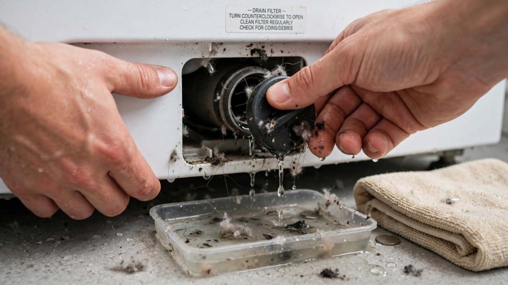 Lavatrice non centrifuga: Mani che svitano il filtro di scarico con vaschetta per raccogliere acqua residua
