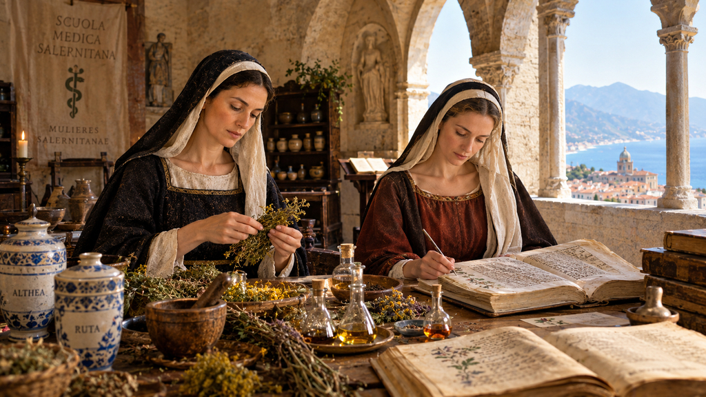 Le Mulieres Salernitanae al lavoro con erbe officinali e manoscritti medici a Salerno