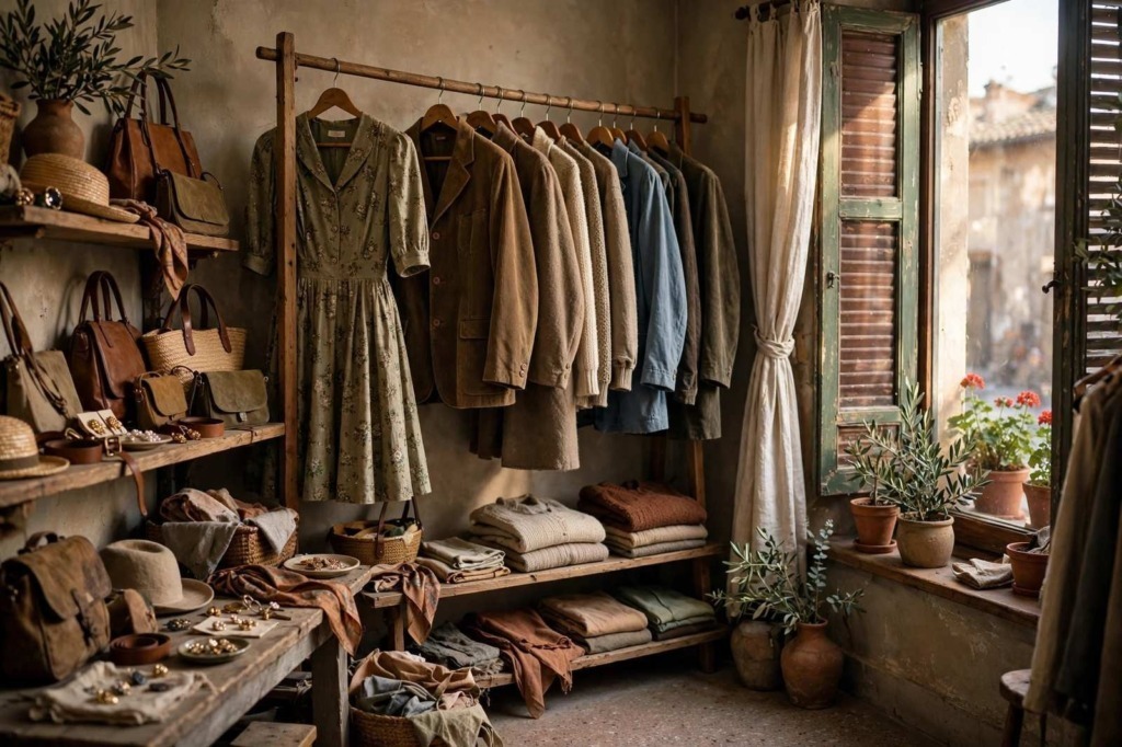 Selezione di abiti e accessori d'epoca esposti in una boutique vintage di Via del Governo Vecchio