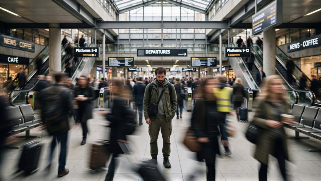 Odofobia paura viaggiare con una persona ferma che sperimenta sintomi di odofobia e senso di disorientamento in mezzo alla folla di una stazione