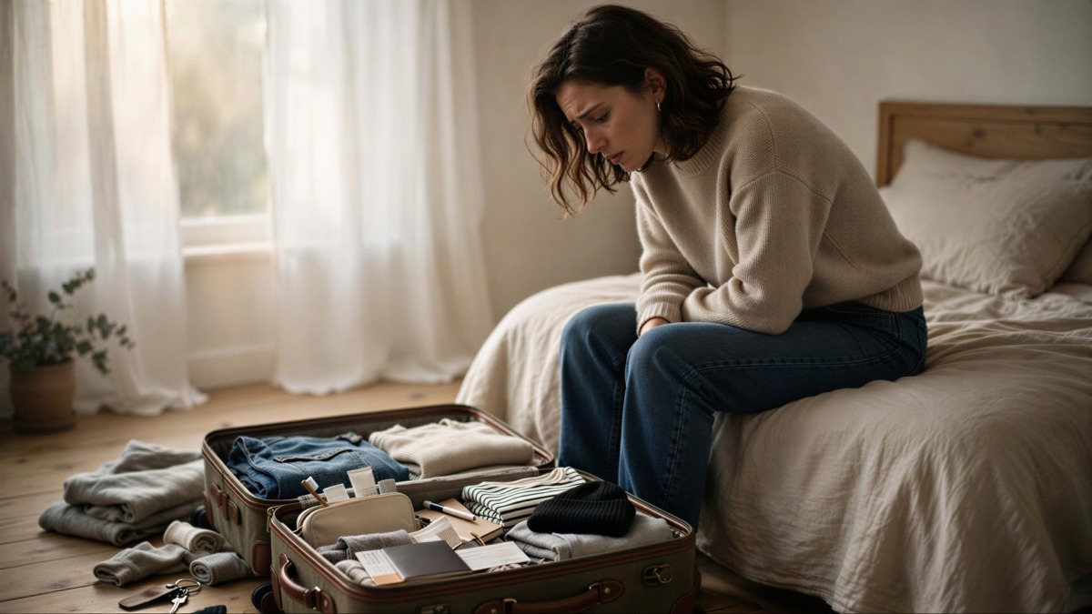 Odofobia paura viaggiare con una persona seduta pensierosa vicino alla valigia pronta