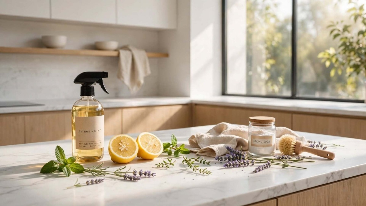 Flacone spray in vetro ambrato e ingredienti naturali per oli essenziali pulizie casa