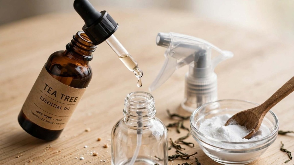Preparazione detergente naturale goccia olio essenziale tea tree bicarbonato