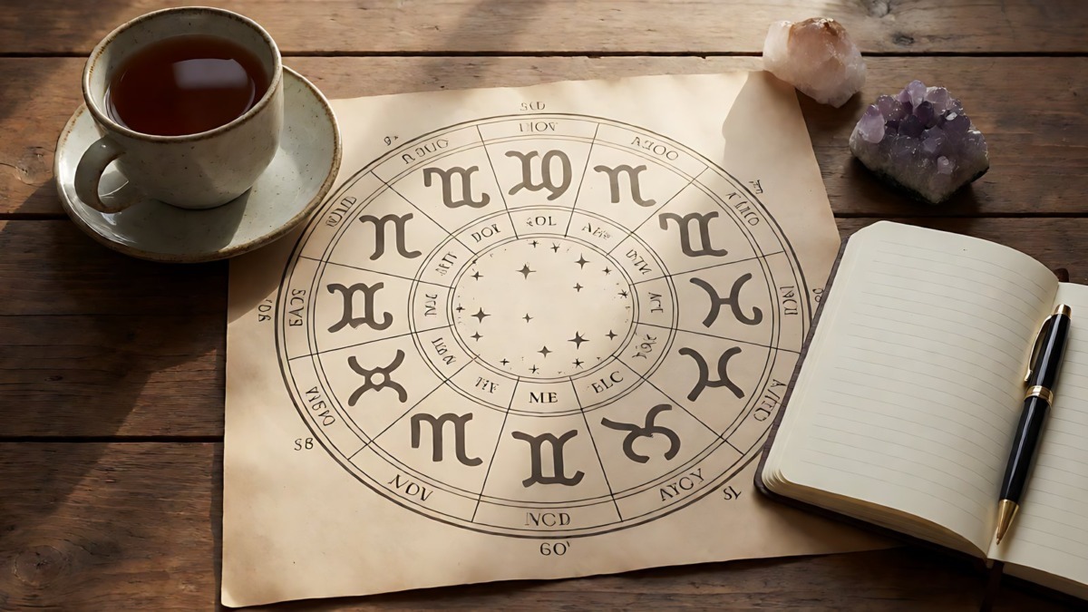 Oroscopo settimanale con ruota dello zodiaco e carte astrali su un tavolo di legno