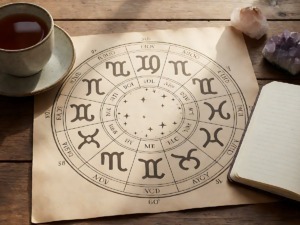 Oroscopo settimanale con ruota dello zodiaco e carte astrali su un tavolo di legno