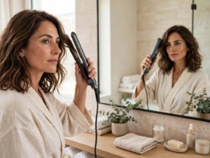 Donna che utilizza una piastra per capelli durante la piega