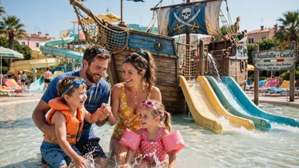 Pra' delle Torri con bambini e ragazzi: guida pratica per famiglie 4 Famiglia con bambini piccoli nel parco acquatico Caorle di Pra delle Torri, area nave pirati