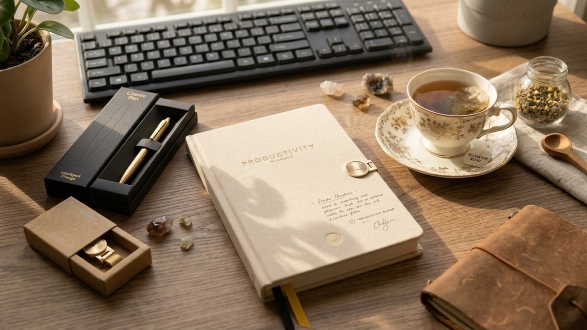 Productivity Planner aperto su scrivania con tazza di tisana e penna dorata