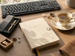 Productivity Planner come organizzo le giornate 8 Productivity Planner aperto su scrivania con tazza di tisana e penna dorata