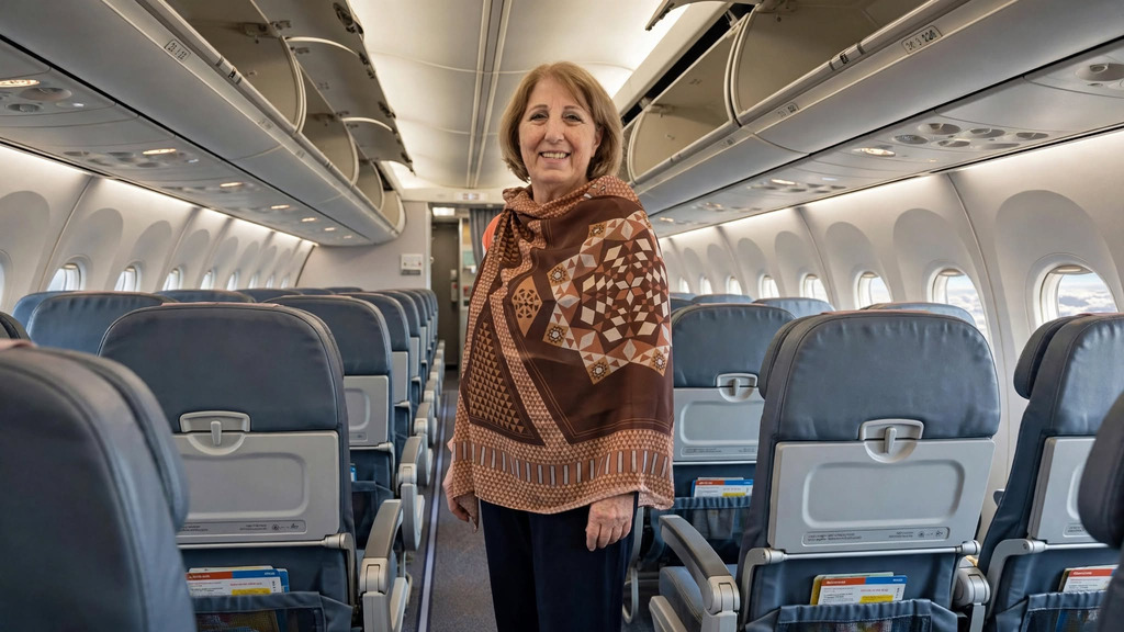 Come sfruttare una sciarpa o una stola in aereo 5 Viaggiatrice nel corridoio aereo con sciarpa da viaggio