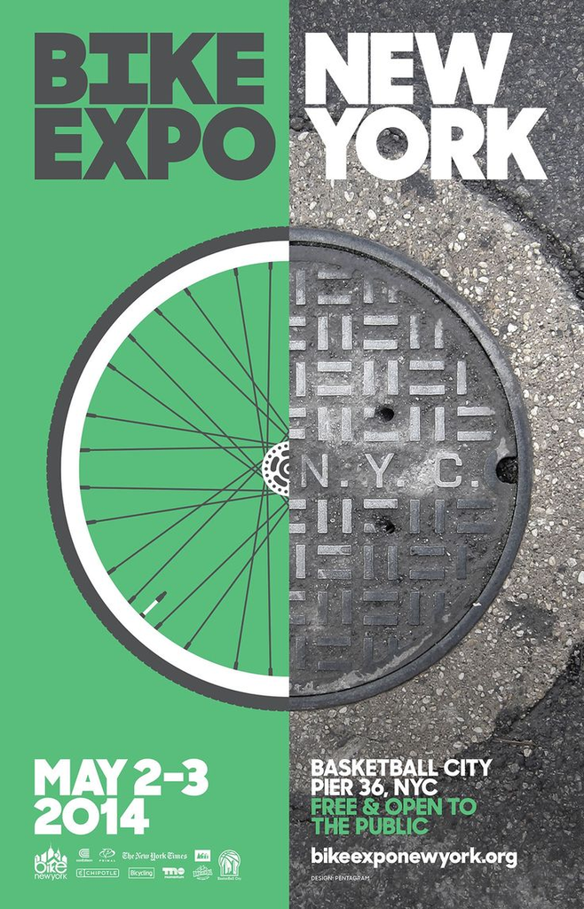 Poster Bike Expo New York con una ruota di bicicletta e un tombino speculari